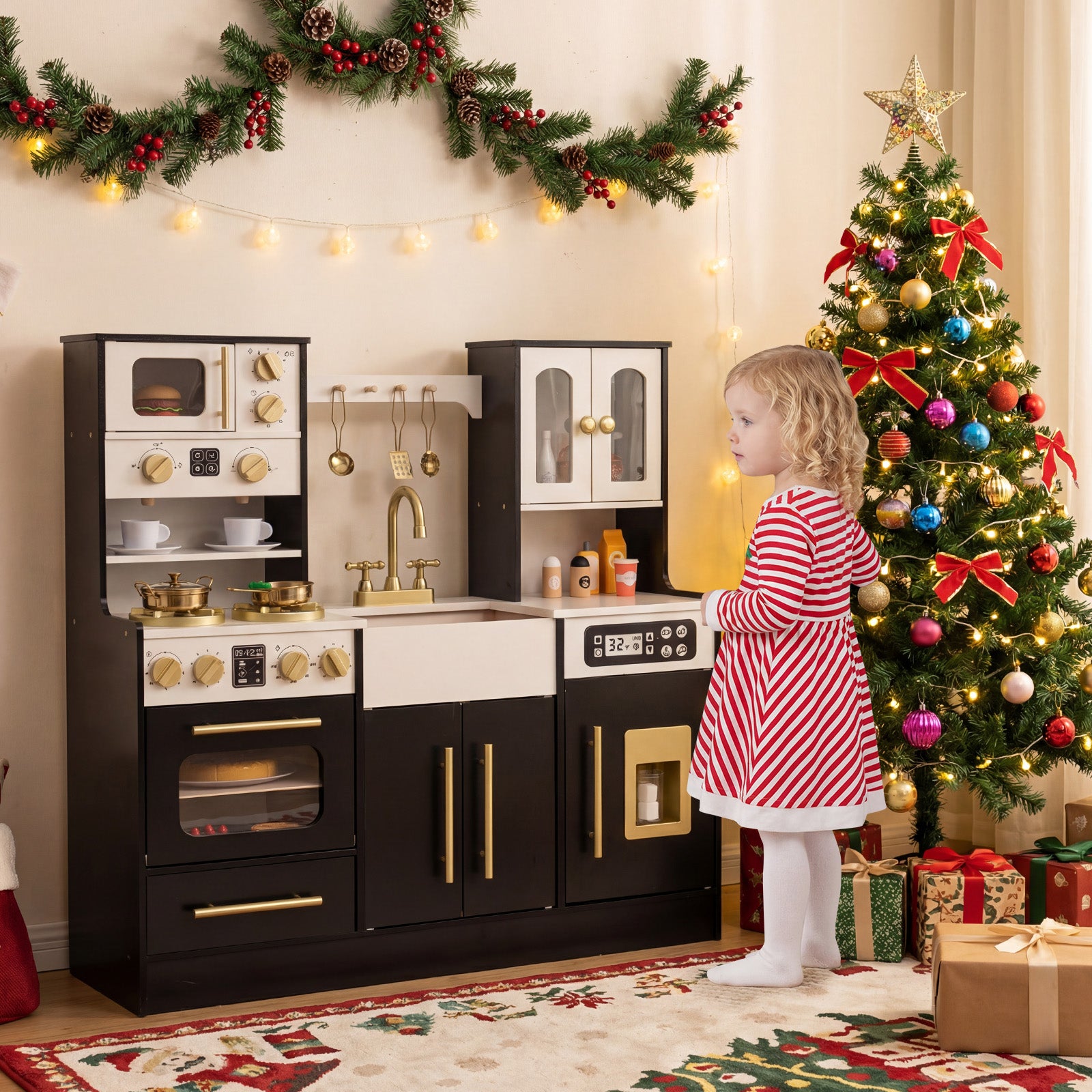 Wooden Kids Kitchen Playset with Realistic Lights and Sounds-Black