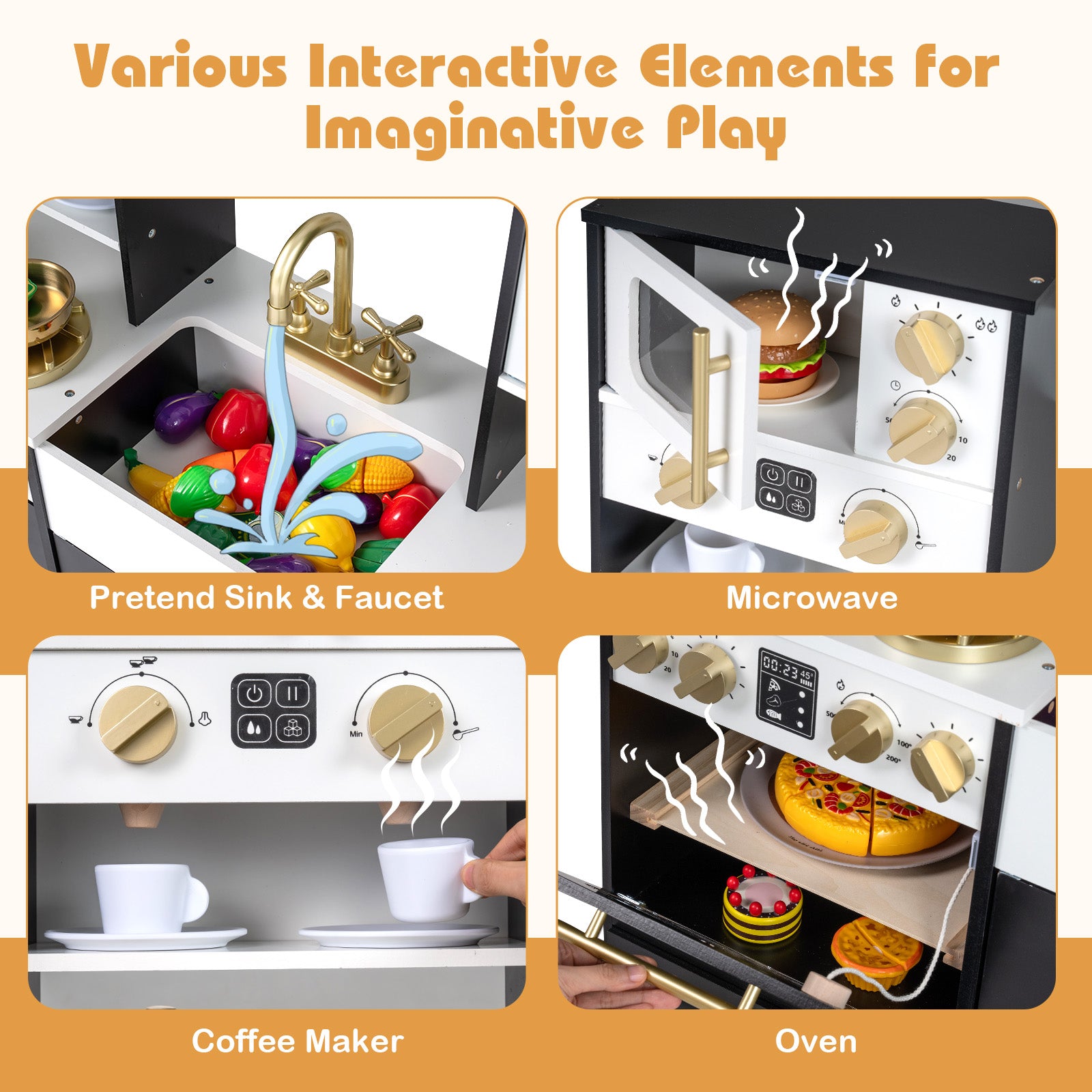 Wooden Kids Kitchen Playset with Realistic Lights and Sounds-Black
