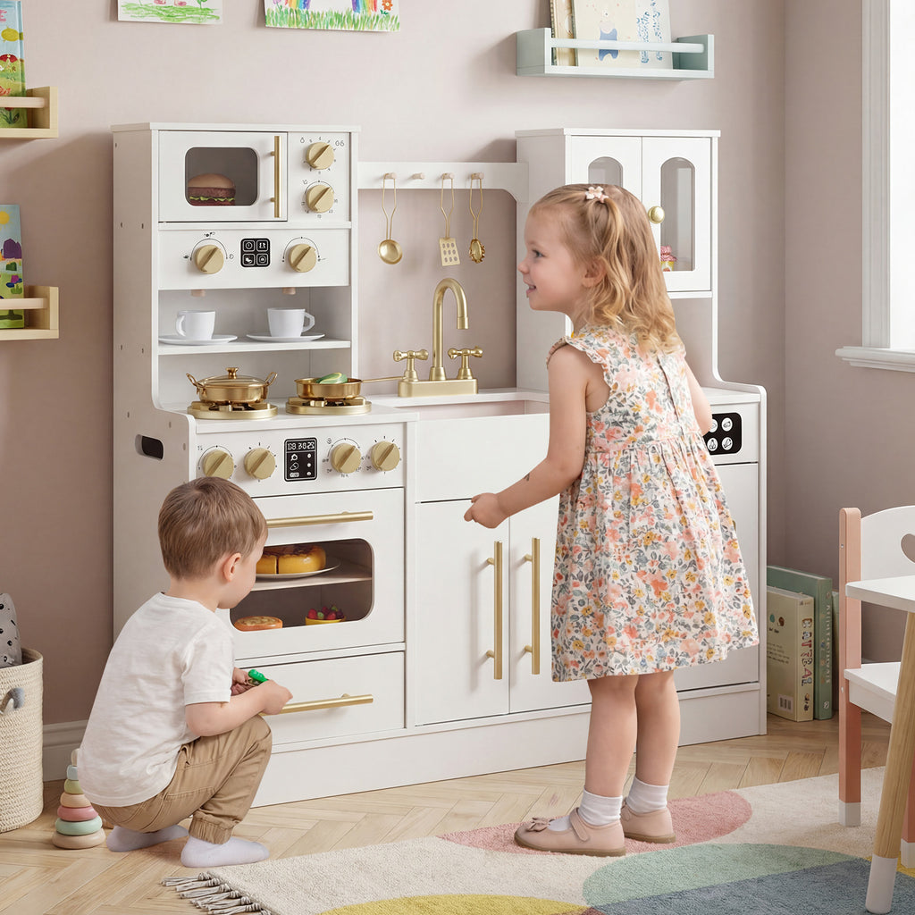 Wooden Kids Kitchen Playset with Realistic Lights and Sounds-White