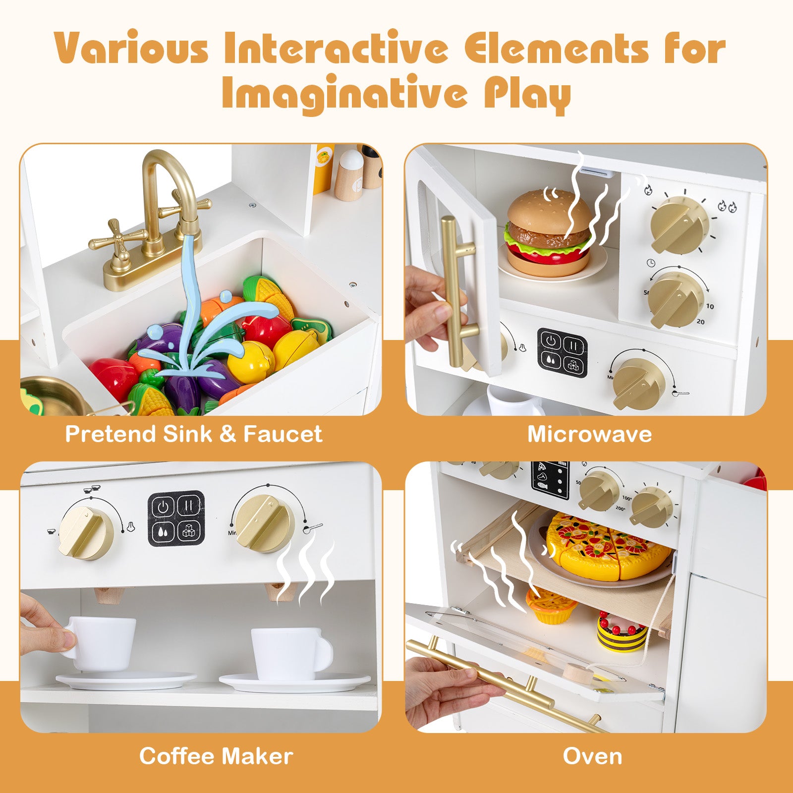 Wooden Kids Kitchen Playset with Realistic Lights and Sounds-White
