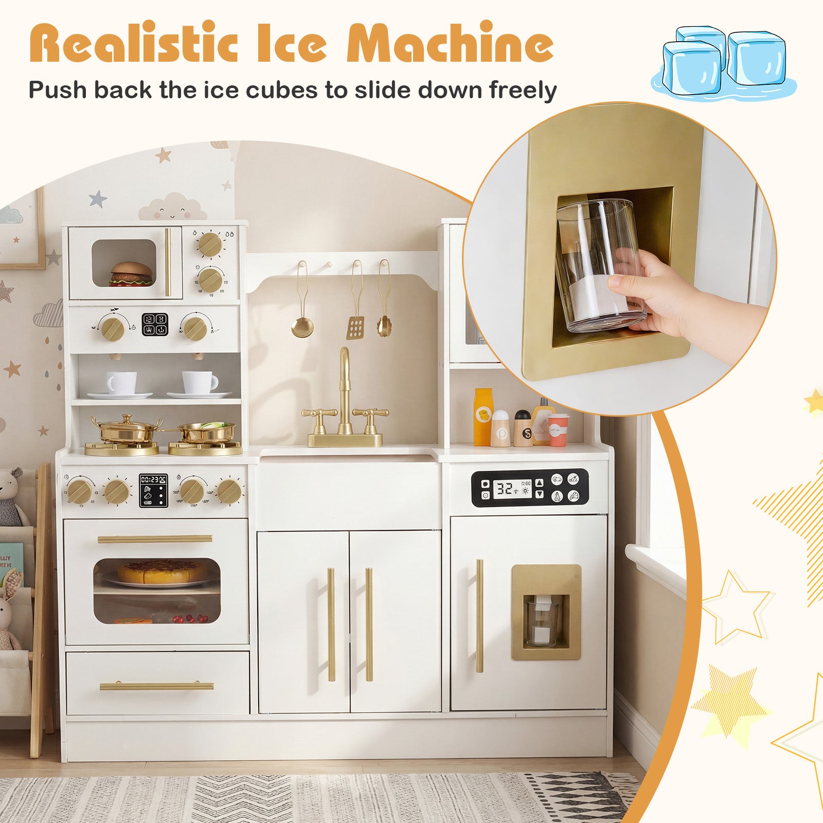 Wooden Kids Kitchen Playset with Realistic Lights and Sounds-White