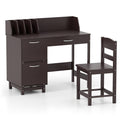 Wooden Kids Study Desk and Chair Set with Drawer and 2 Storage Cabinets-Dark Brown