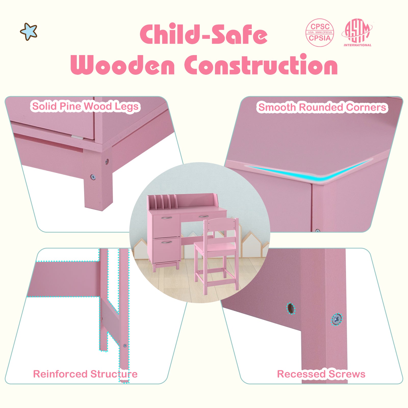 Wooden Kids Study Desk and Chair Set Student Workstation-Pink
