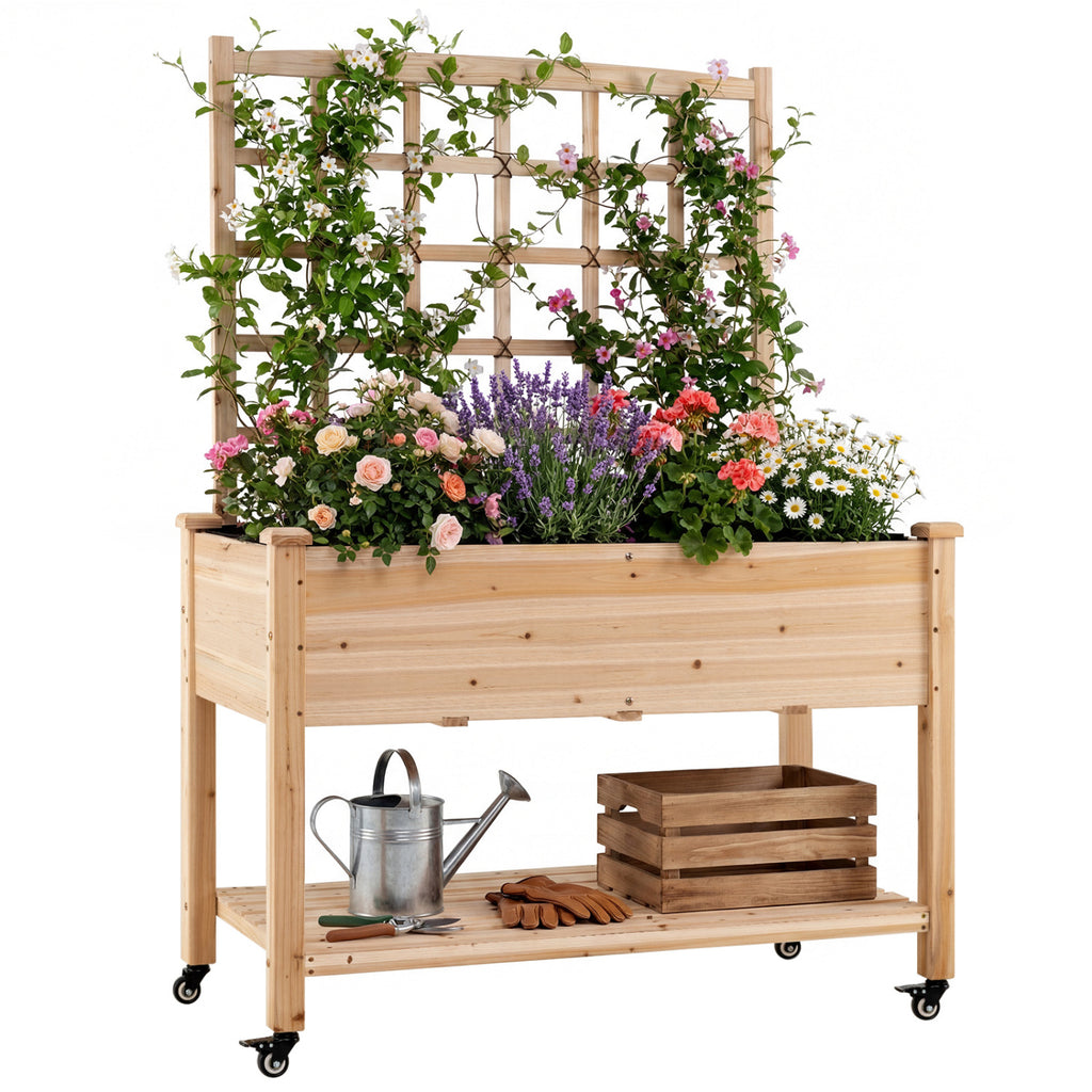Jardinière surélevée en bois à roulettes avec treillis - Naturel