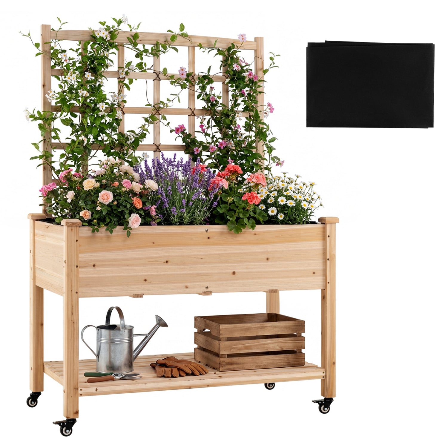 Jardinière surélevée en bois à roulettes avec treillis - Naturel