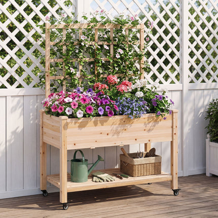 Wooden Mobile Raised Garden Bed on Wheels with Trellis-Natural