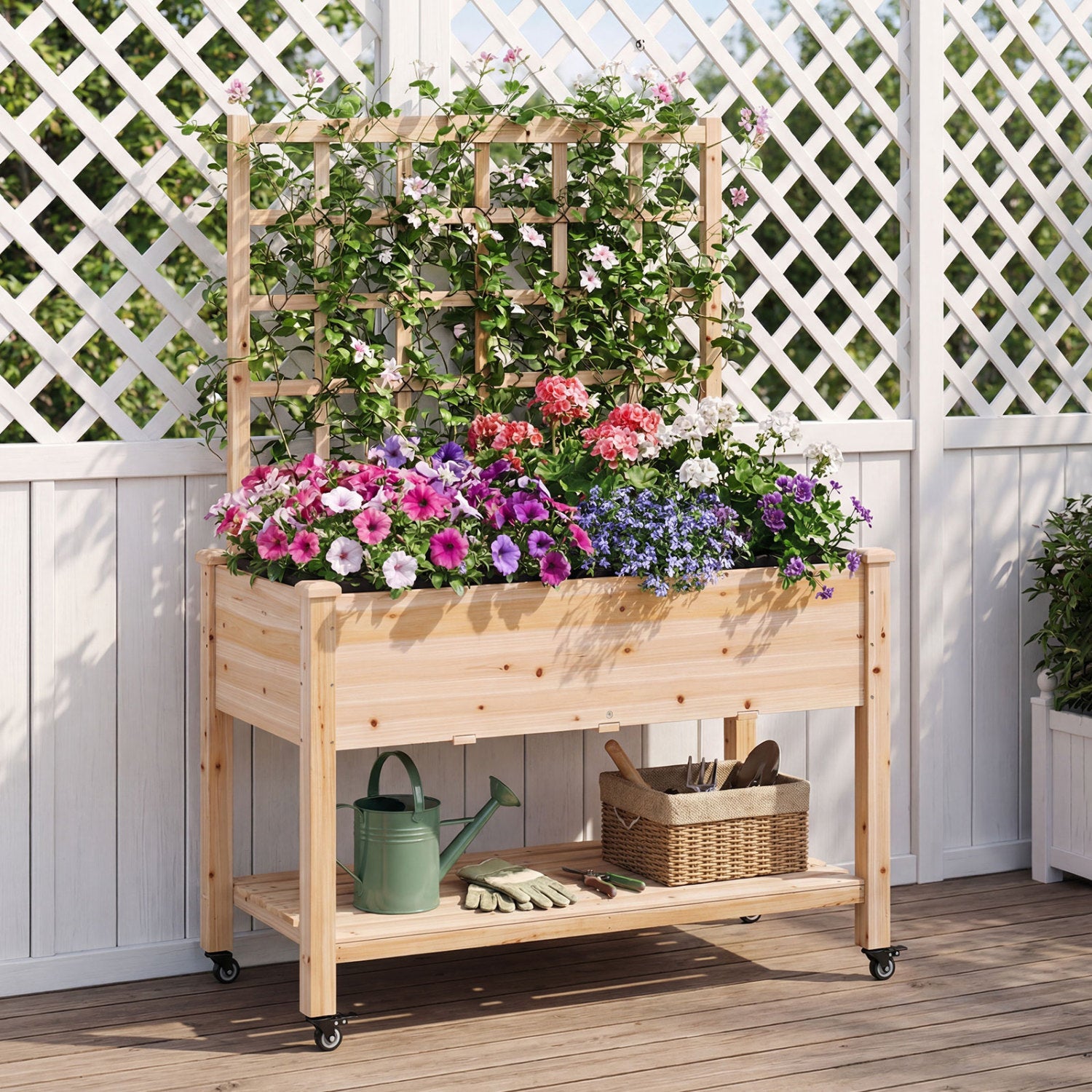 Jardinière surélevée en bois à roulettes avec treillis - Naturel