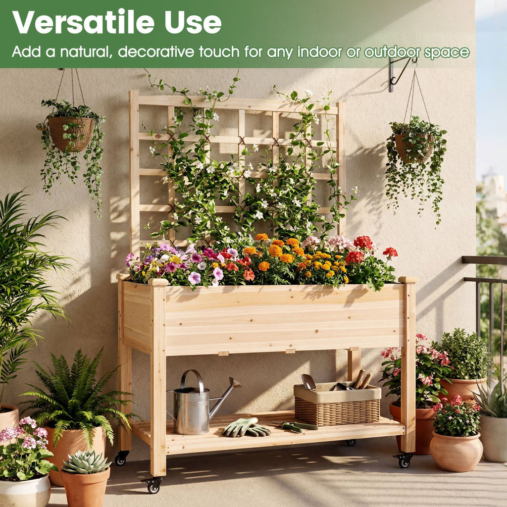 Jardinière surélevée en bois à roulettes avec treillis - Naturel