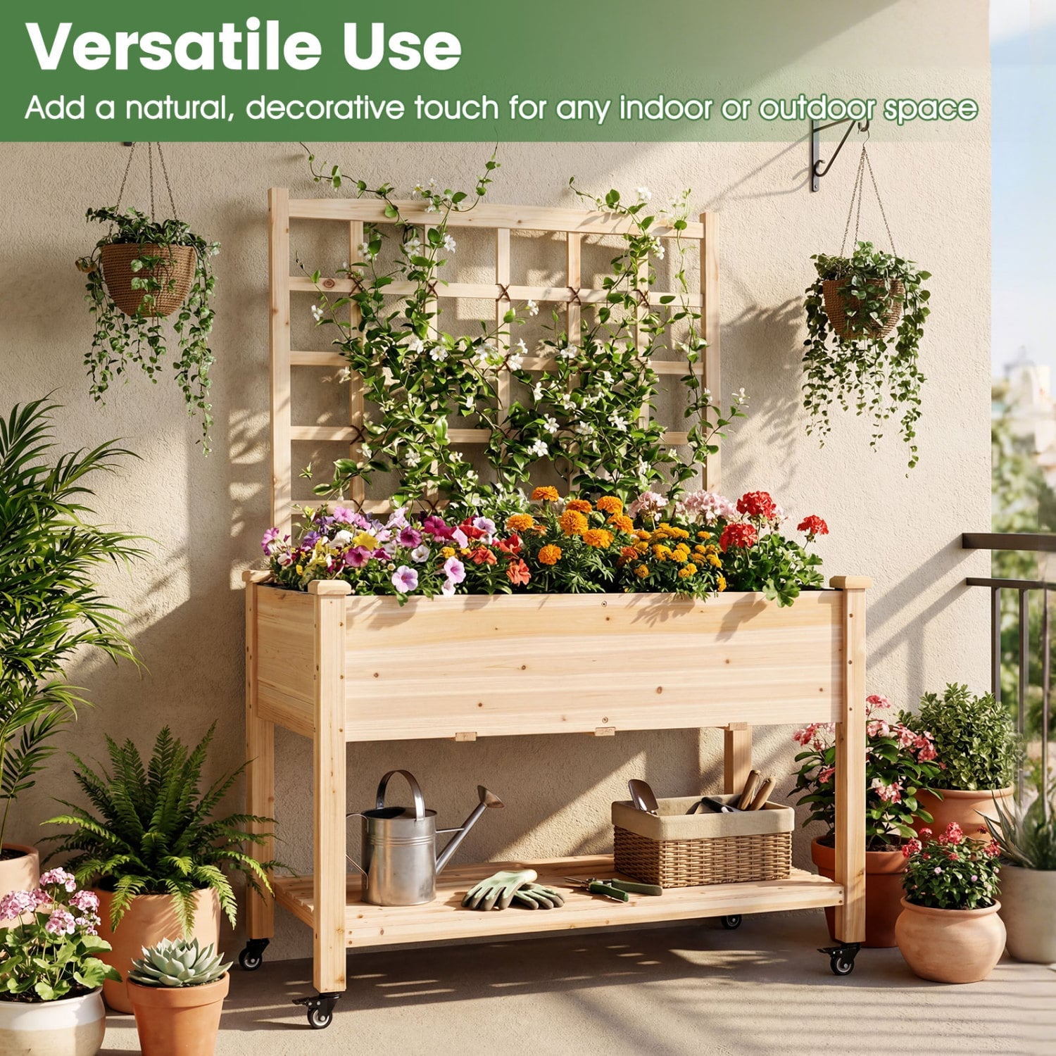 Jardinière surélevée en bois à roulettes avec treillis - Naturel