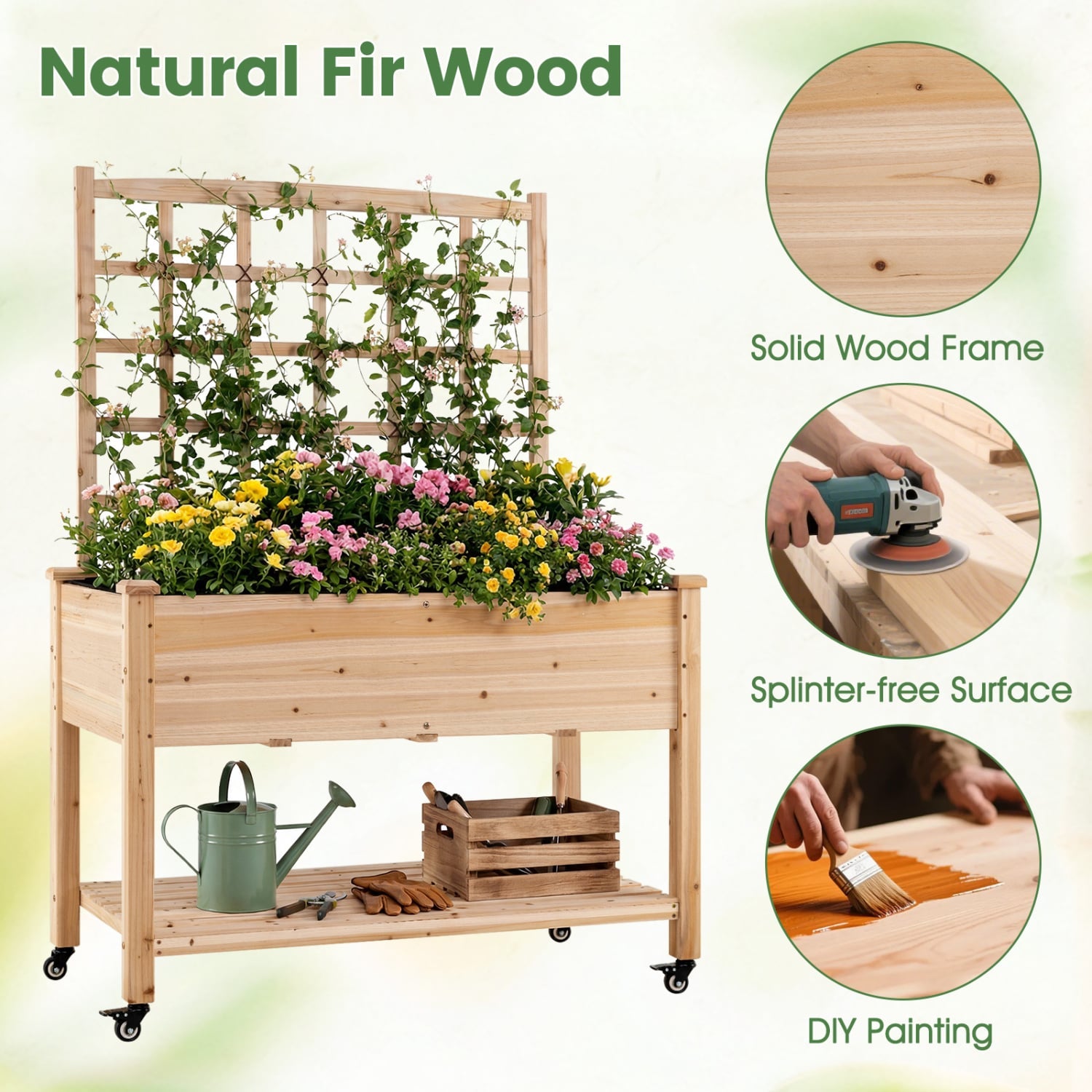 Jardinière surélevée en bois à roulettes avec treillis - Naturel