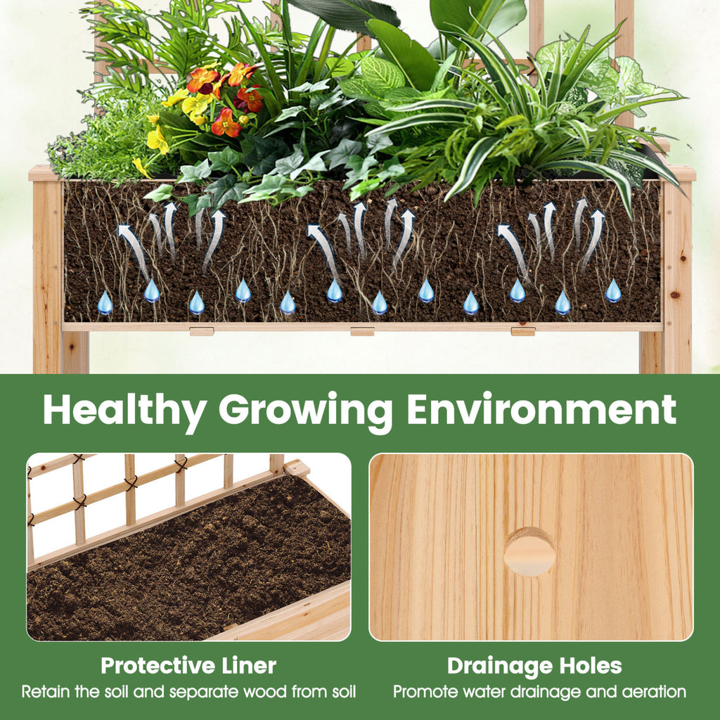 Jardinière surélevée en bois à roulettes avec treillis - Naturel