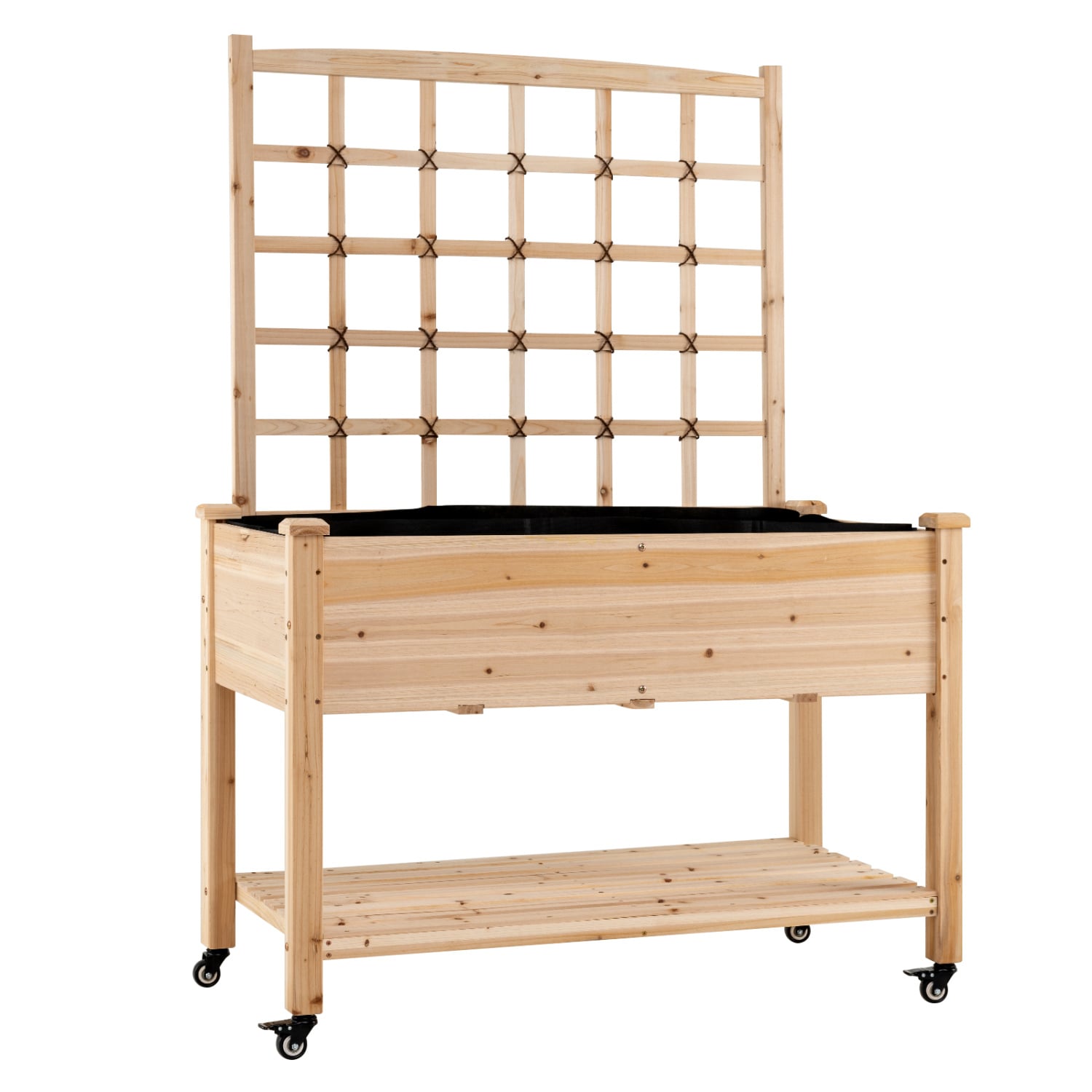 Jardinière surélevée en bois à roulettes avec treillis - Naturel