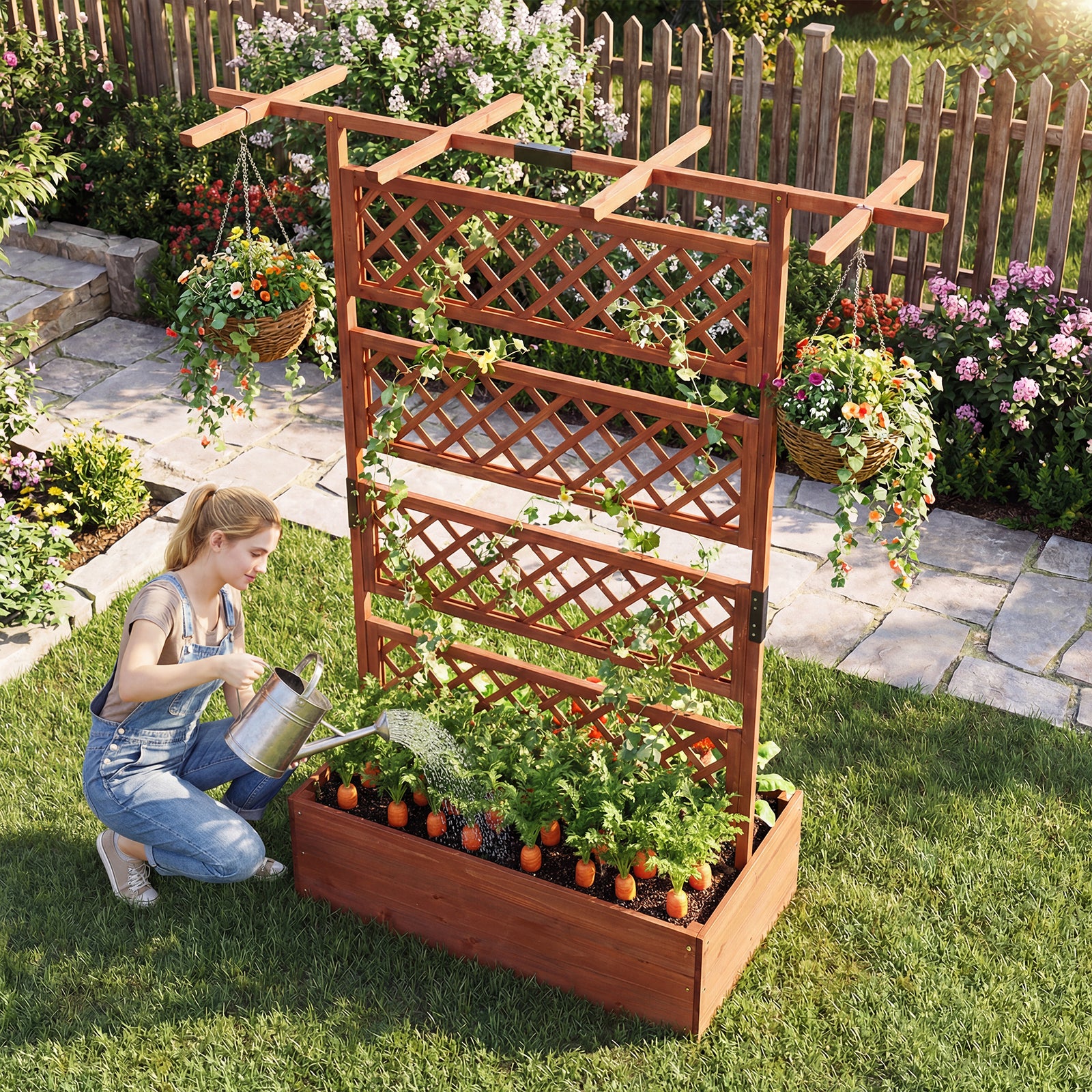 Jardinière en bois avec treillis, lit de jardin surélevé, écran d'intimité avec toit plat - Marron