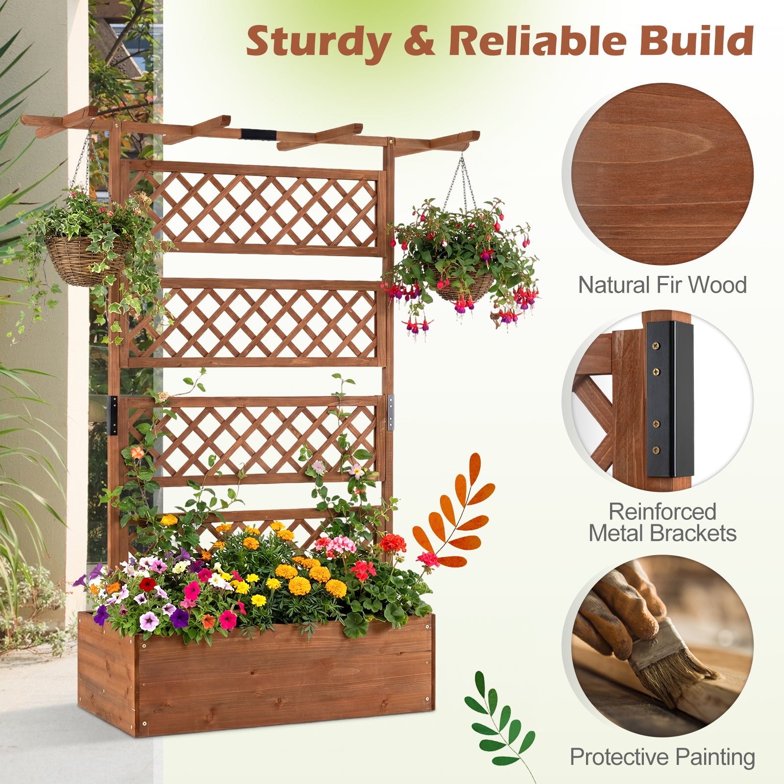 Jardinière en bois avec treillis, lit de jardin surélevé, écran d'intimité avec toit plat - Marron