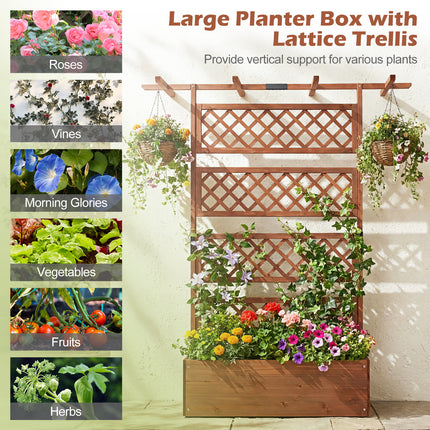 Wooden Planter Box with Lattice Trellis Raised Garden Bed Privacy Screen with Flat Roof-Brown