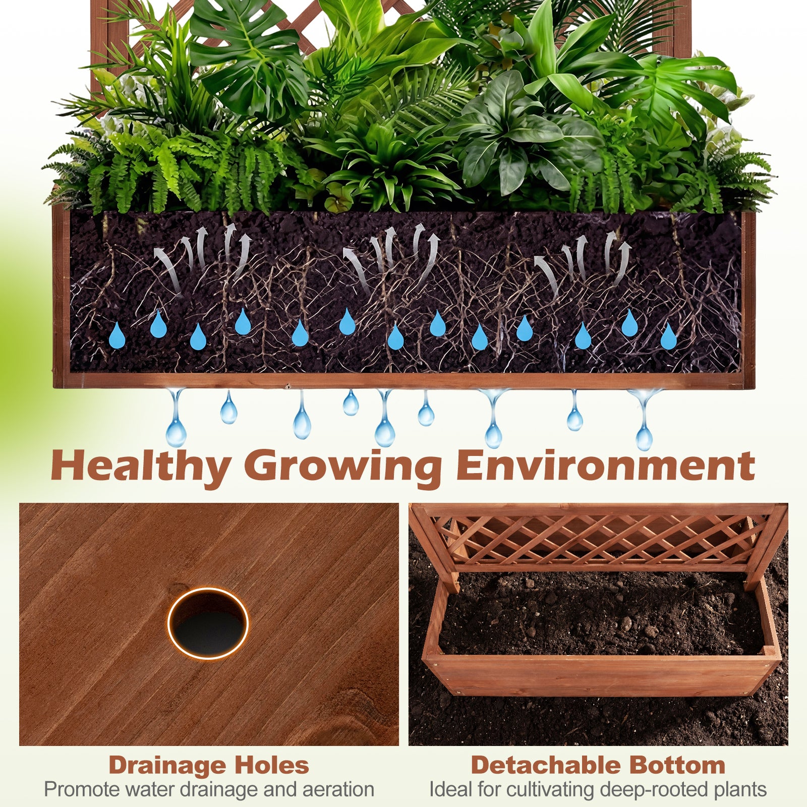 Jardinière en bois avec treillis, lit de jardin surélevé, écran d'intimité avec toit plat - Marron