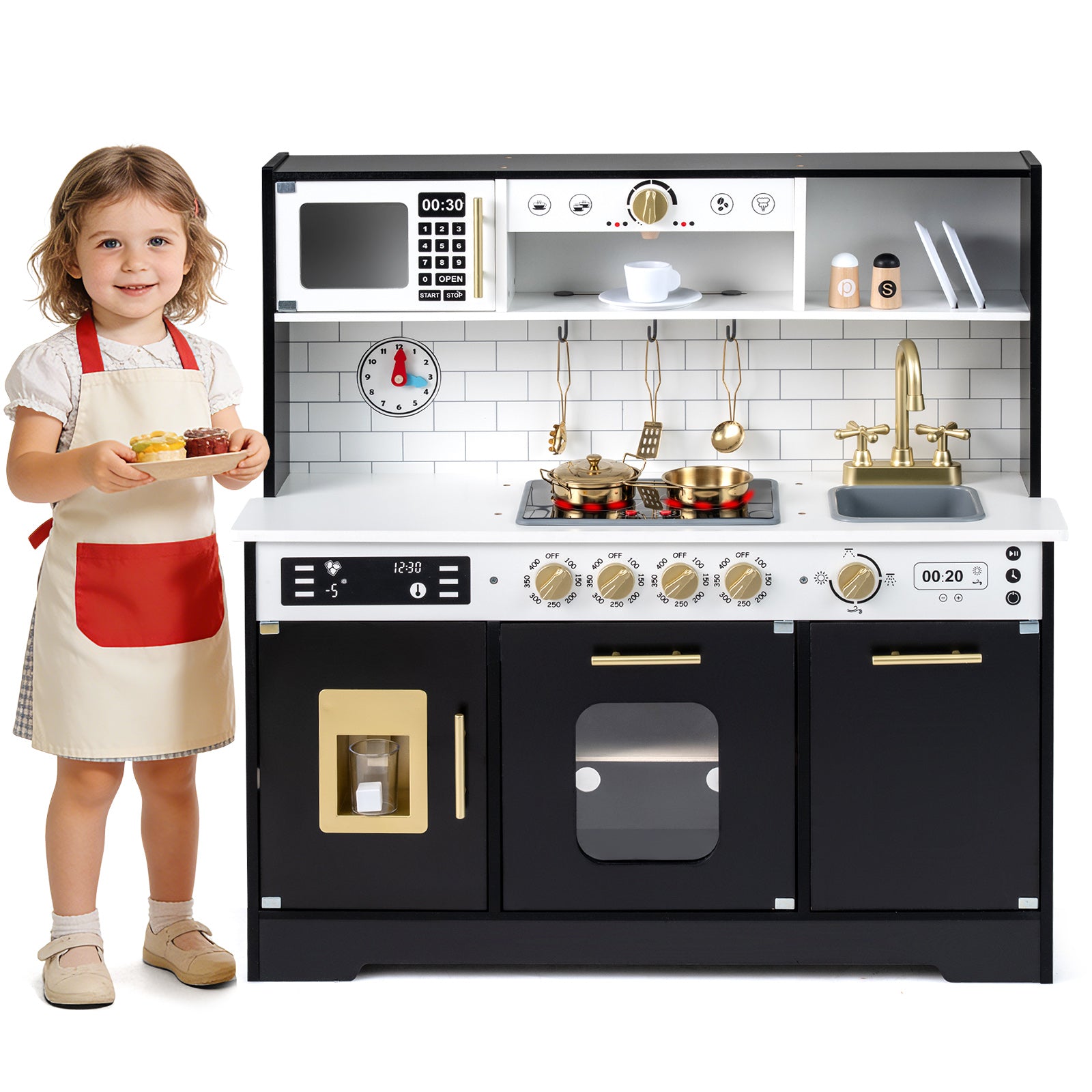 Wooden Play Kitchen for Kids with Realistic Lights and Sounds-Black
