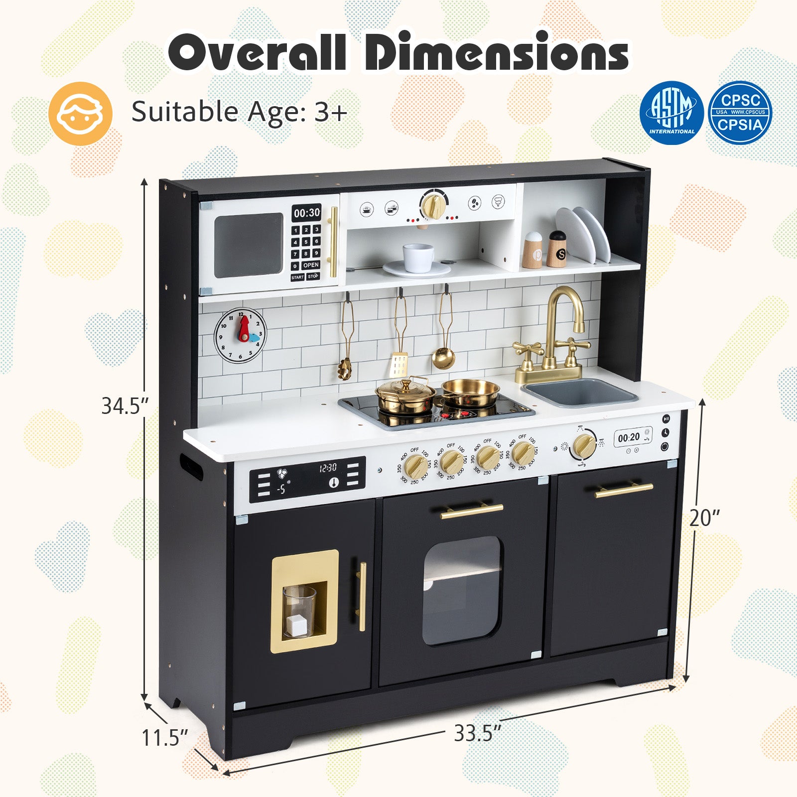 Wooden Play Kitchen for Kids with Realistic Lights and Sounds-Black