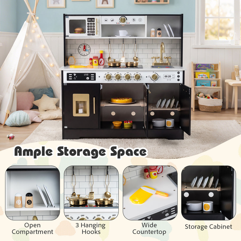 Wooden Play Kitchen for Kids with Realistic Lights and Sounds-Black