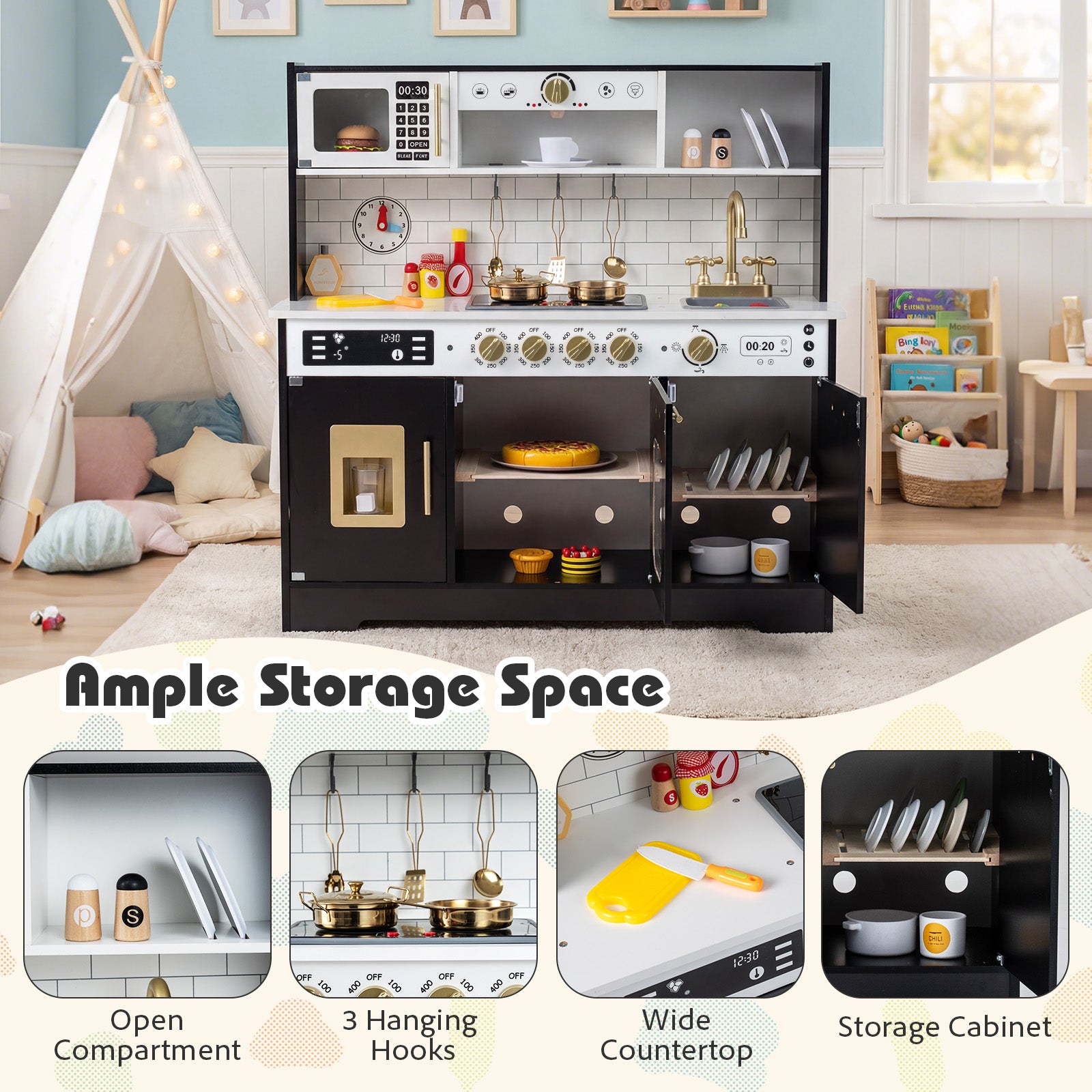 Wooden Play Kitchen for Kids with Realistic Lights and Sounds-Black