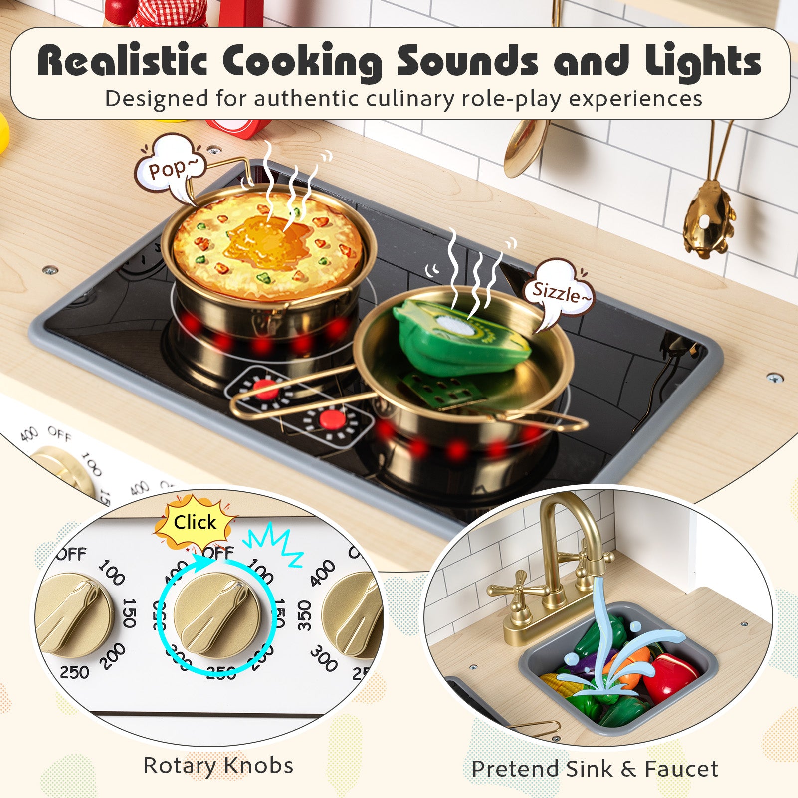 Wooden Play Kitchen for Kids with Realistic Lights and Sounds-White