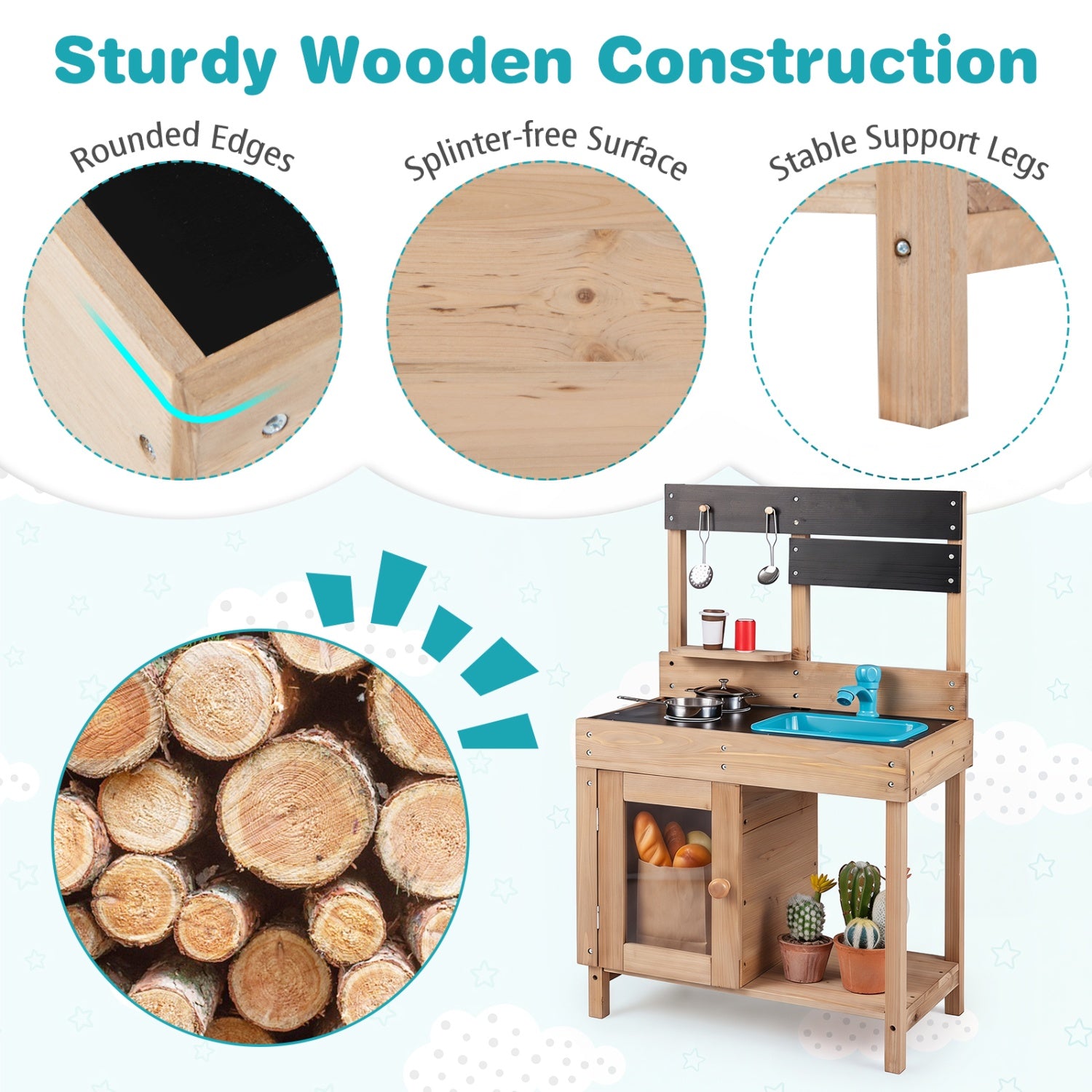 Wooden Play Pretend Kitchen with Stoves Storage Cabinet and Shelf