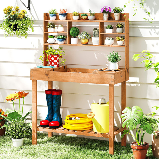 Wooden Potting Bench Table Garden Planting Workstation with 3-Tier Open Shelf-Brown