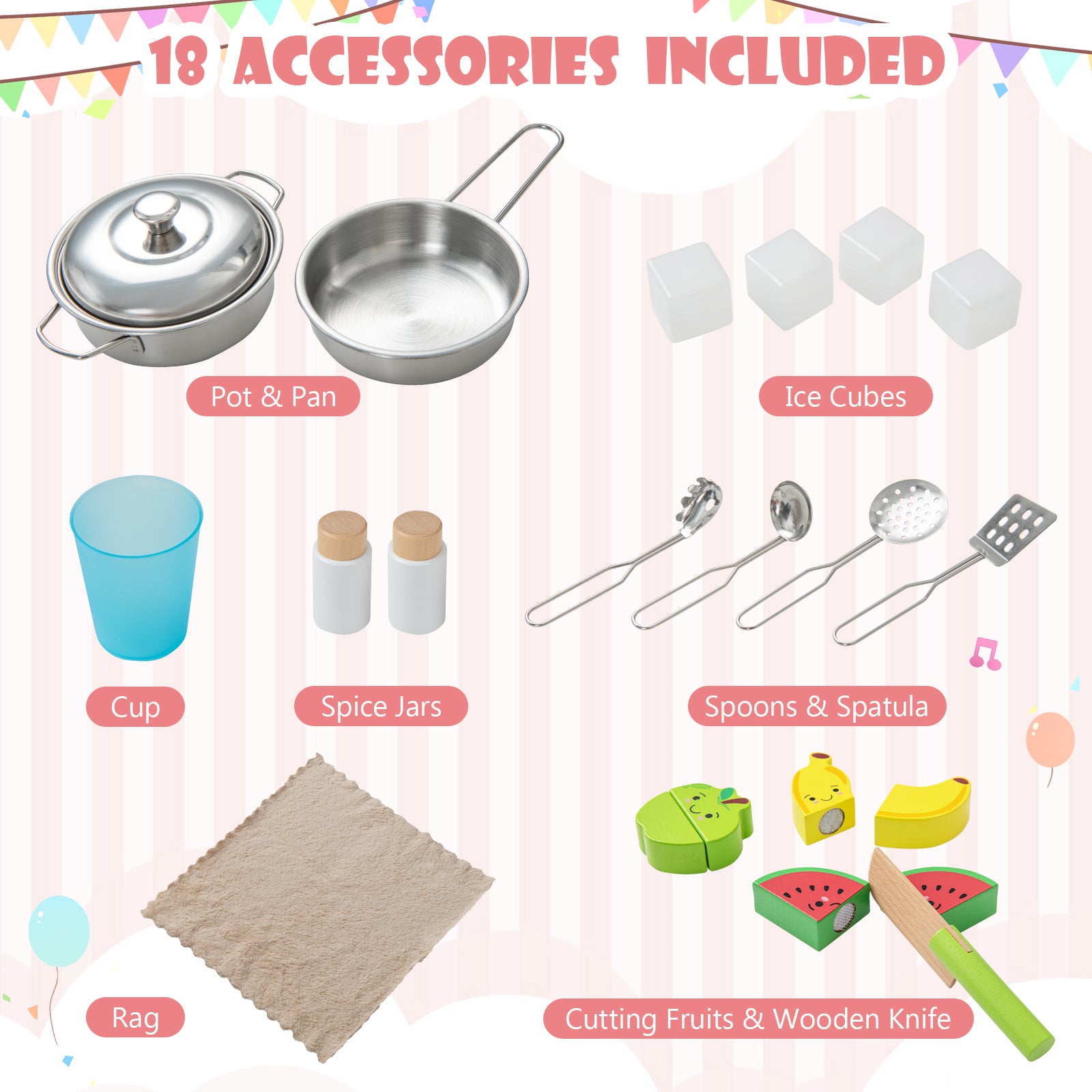 Wooden Pretend Play Kitchen Set for Toddlers-White and Pink