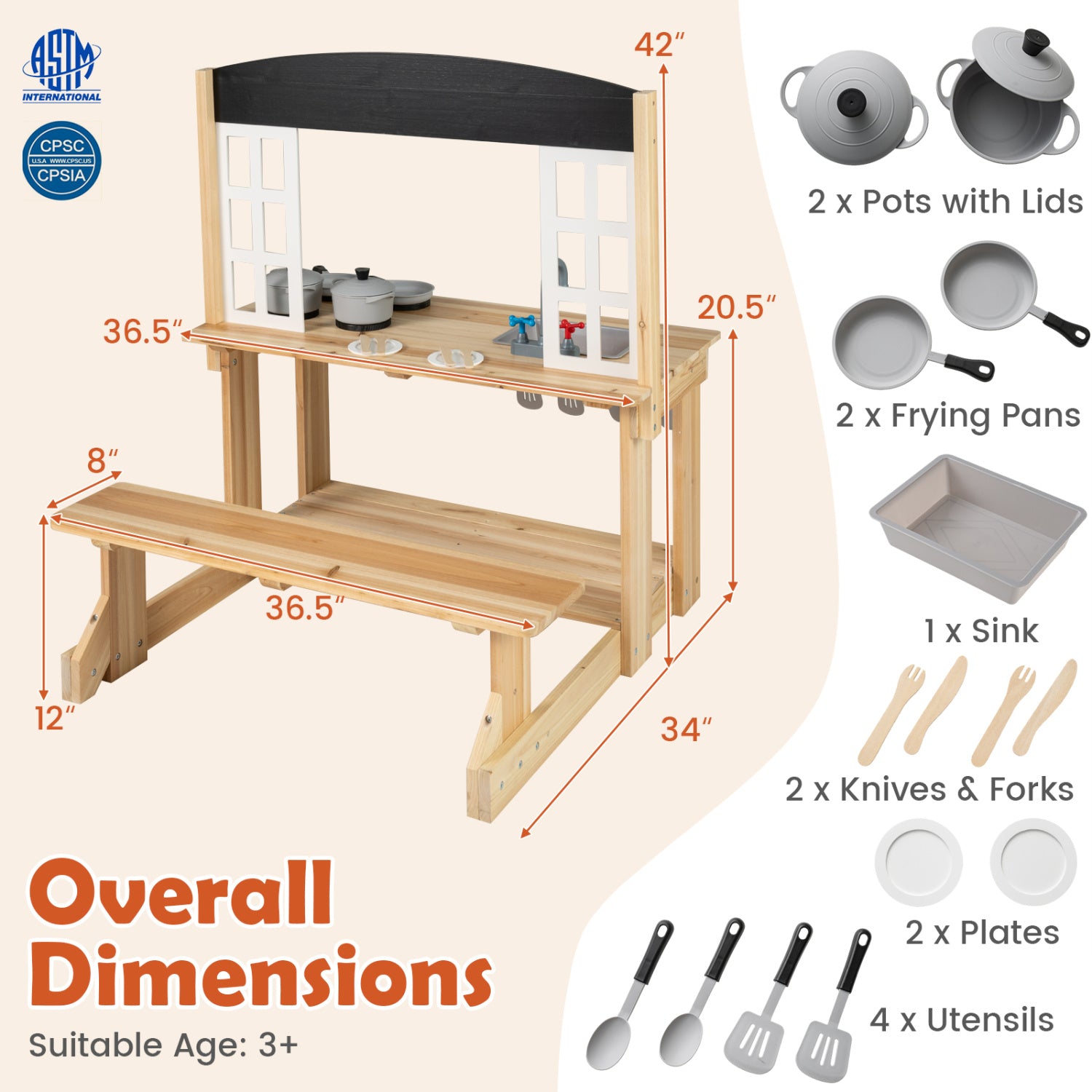 Wooden Pretend Play Kitchen with Bench and Cooking Accessories-Natural