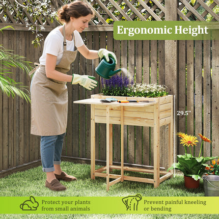 Wooden Raised Garden Bed with Legs and Foldable Side Table