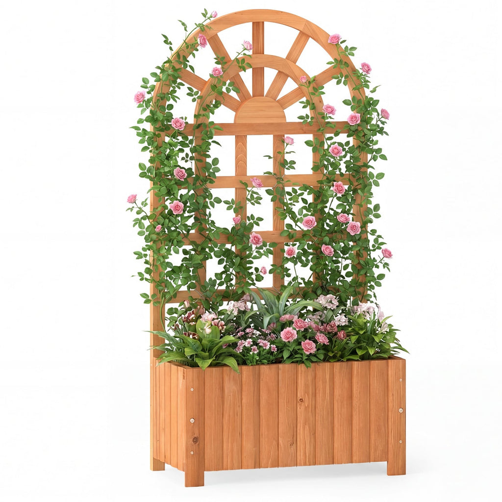 Carré potager surélevé en bois avec treillis 48 pouces extérieur – Marron