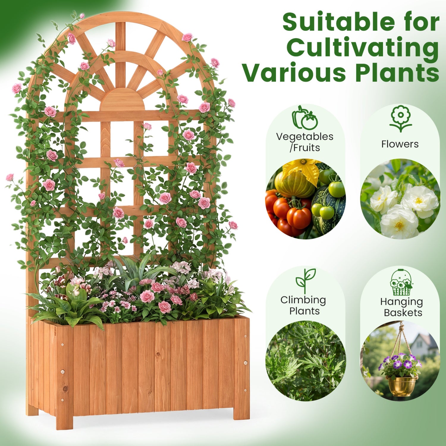 Carré potager surélevé en bois avec treillis 48 pouces extérieur – Marron