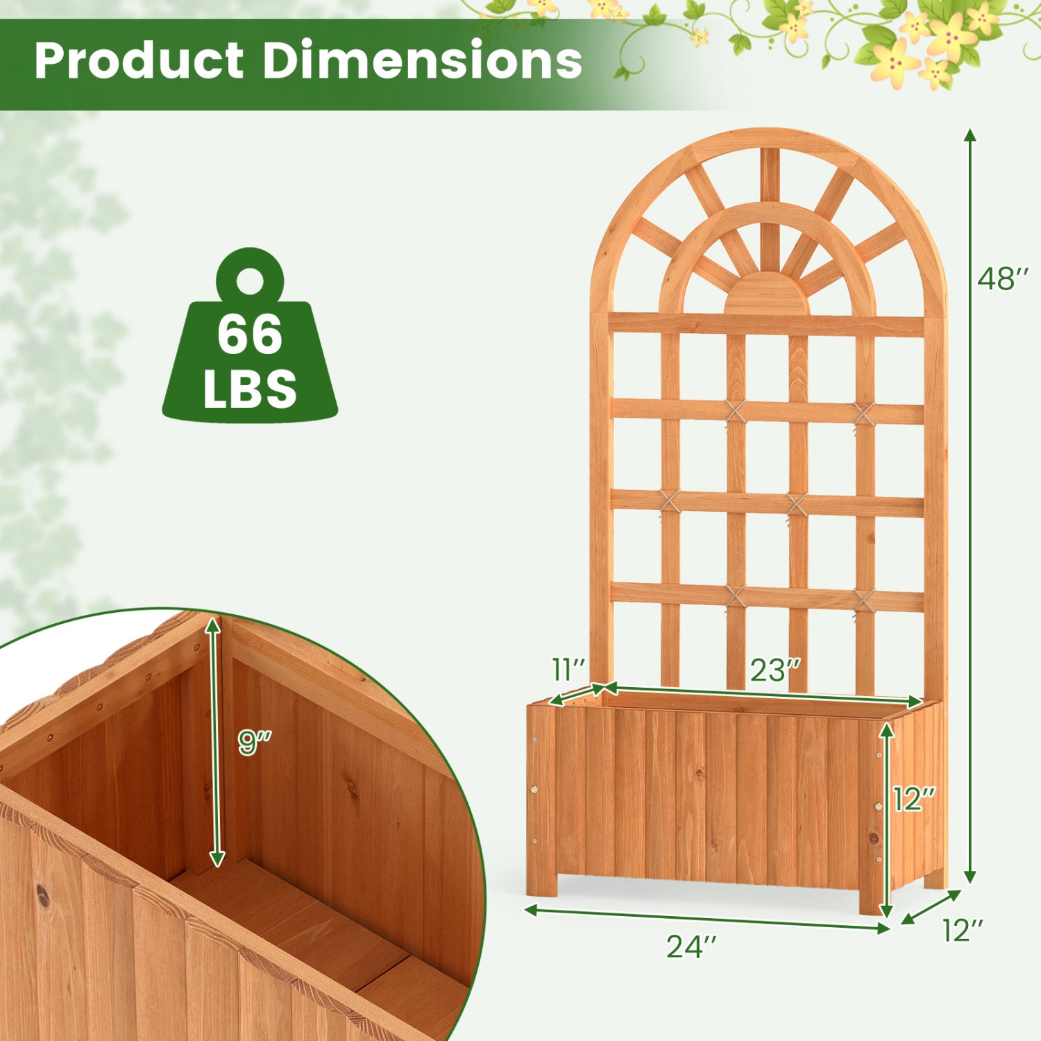 Carré potager surélevé en bois avec treillis 48 pouces extérieur – Marron