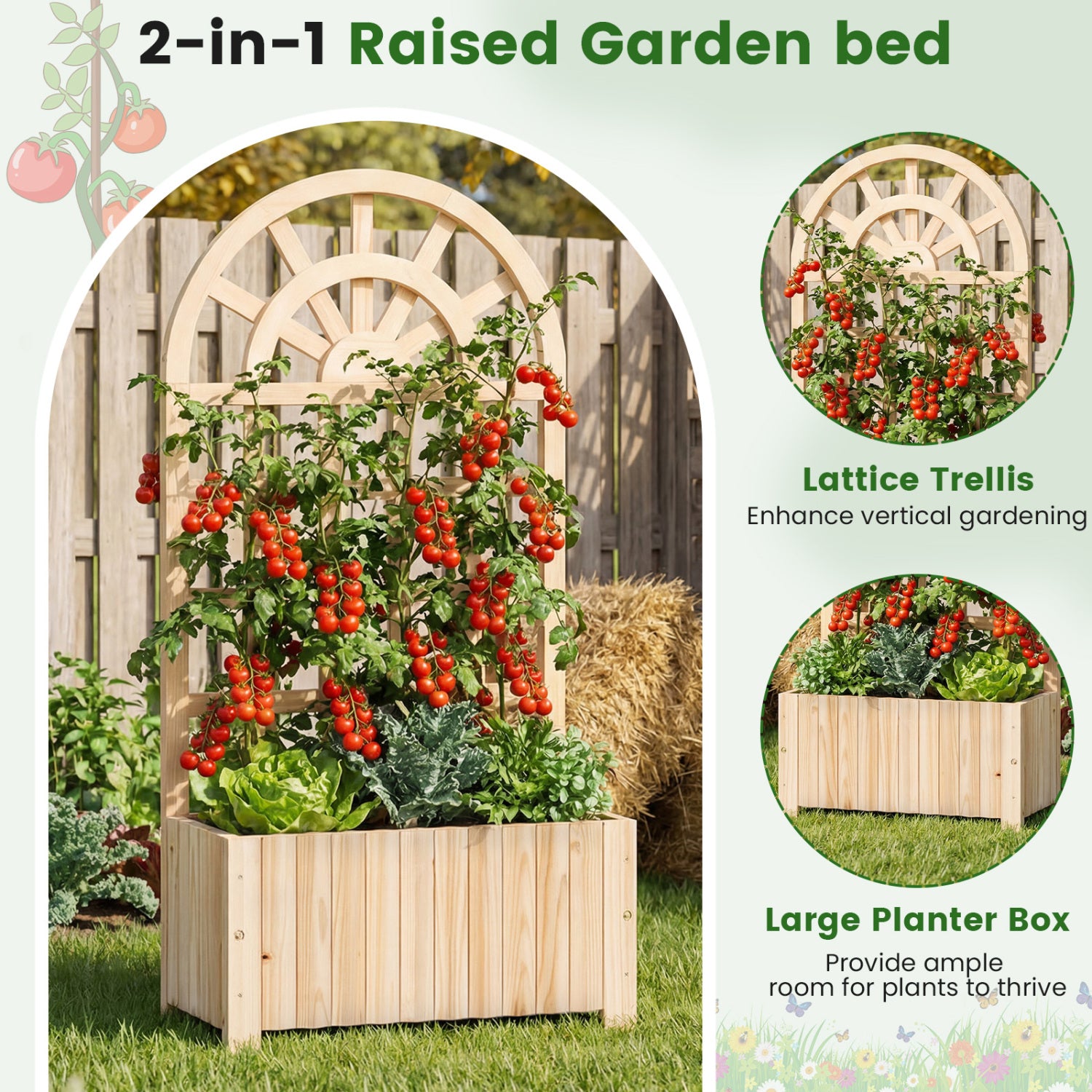 Jardinière surélevée en bois avec treillis 48 po écran extérieur – Naturel