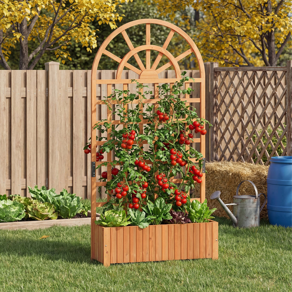 Jardinière surélevée en bois avec treillis 180 cm, Bac à fleurs d'extérieur, Brise-vue - Marron