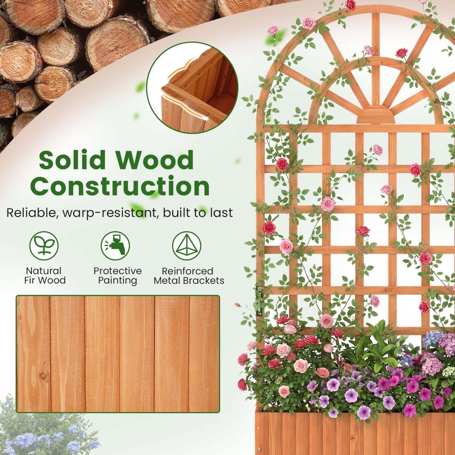 Jardinière surélevée en bois avec treillis 180 cm, Bac à fleurs d'extérieur, Brise-vue - Marron