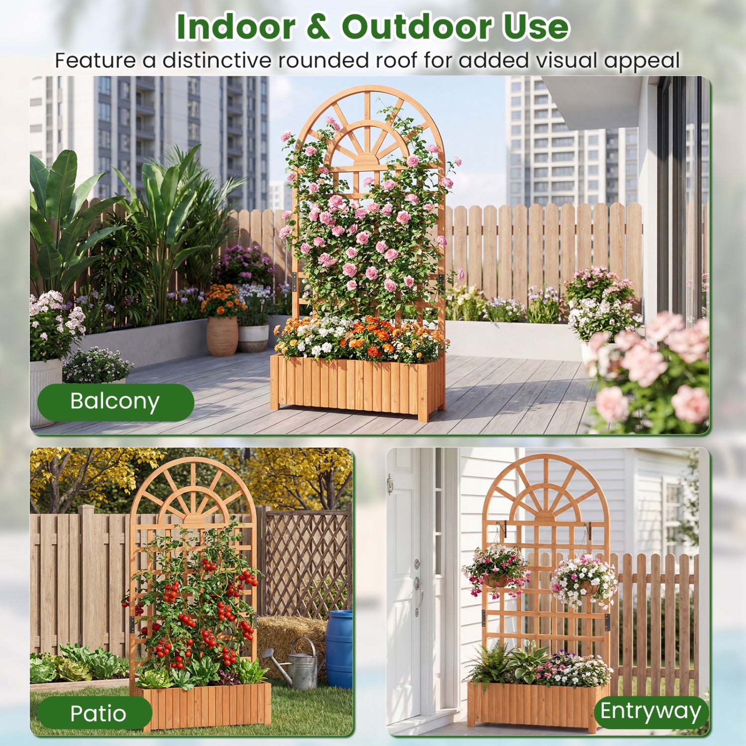 Jardinière surélevée en bois avec treillis 180 cm, Bac à fleurs d'extérieur, Brise-vue - Marron