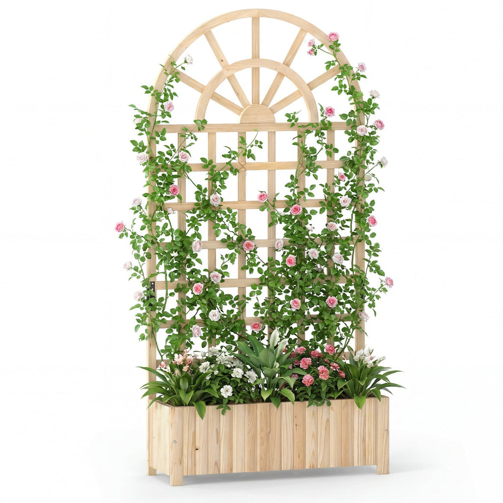 Jardinière surélevée en bois avec treillis 180 cm, écran d'intimité, pour extérieur - Naturel