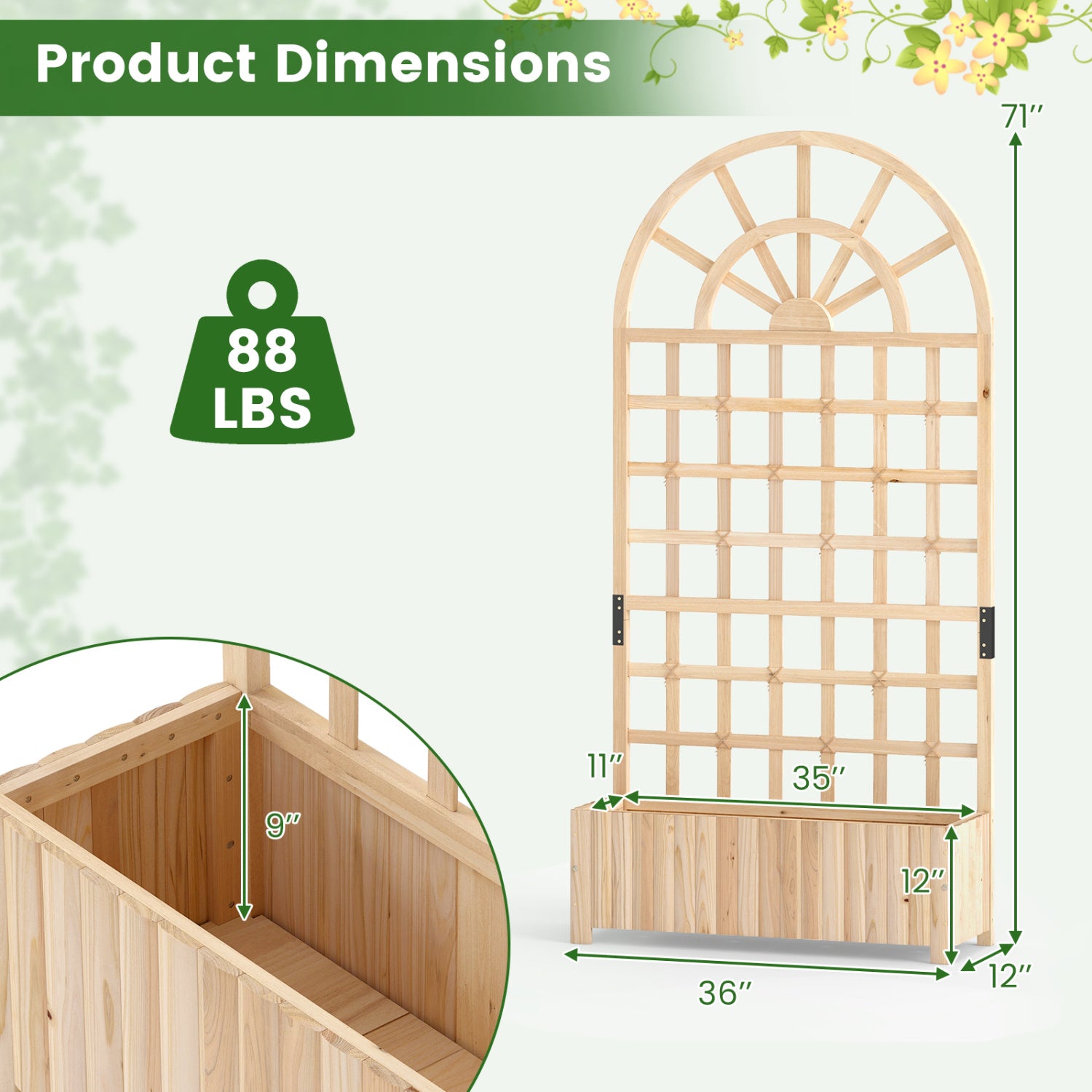 Jardinière surélevée en bois avec treillis 180 cm, écran d'intimité, pour extérieur - Naturel