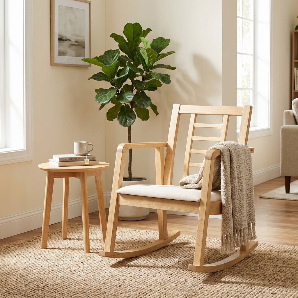 Wooden Rocking Chair with Upholstered Seat and Ladder Back for Living Room-Natural
