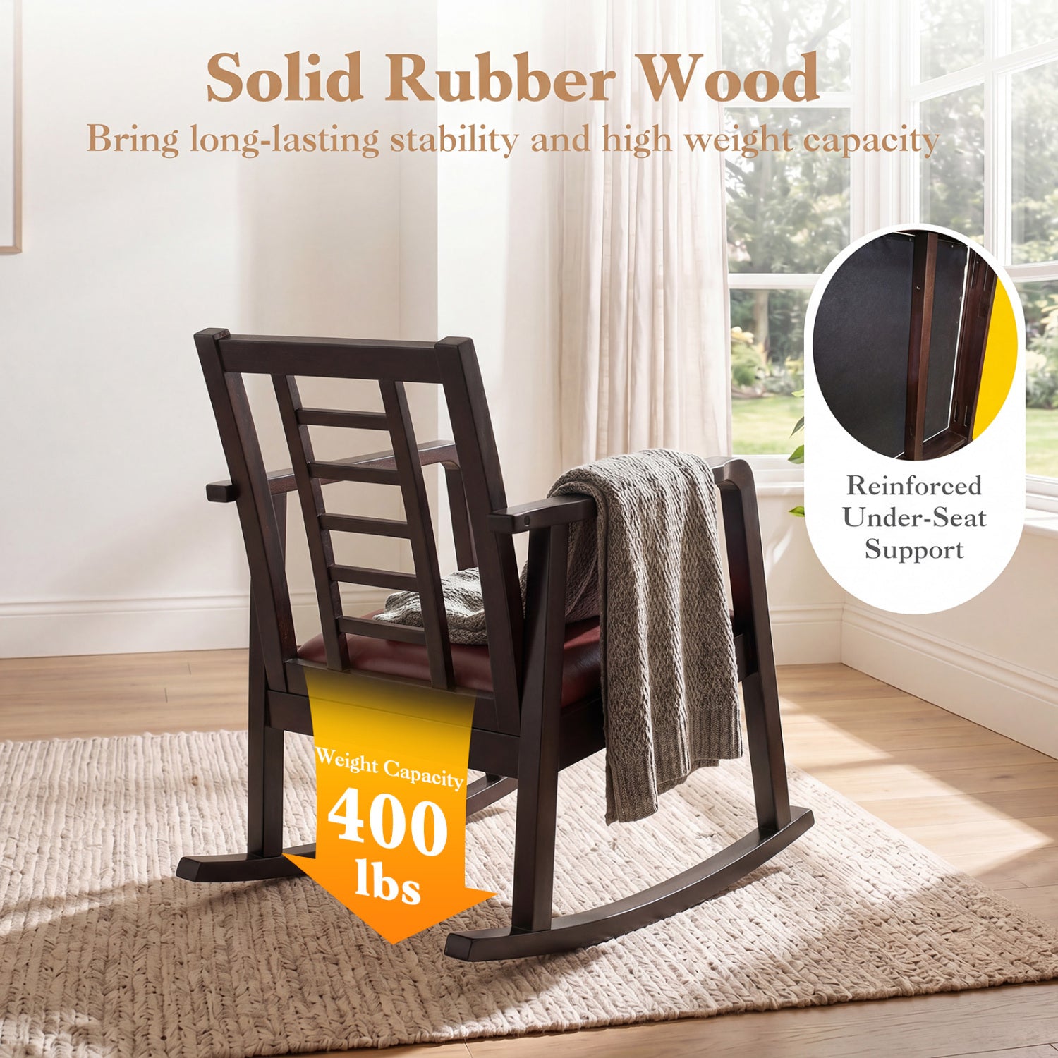 Wooden Rocking Chair with Upholstered Seat and Ladder Back for Living Room-Brown