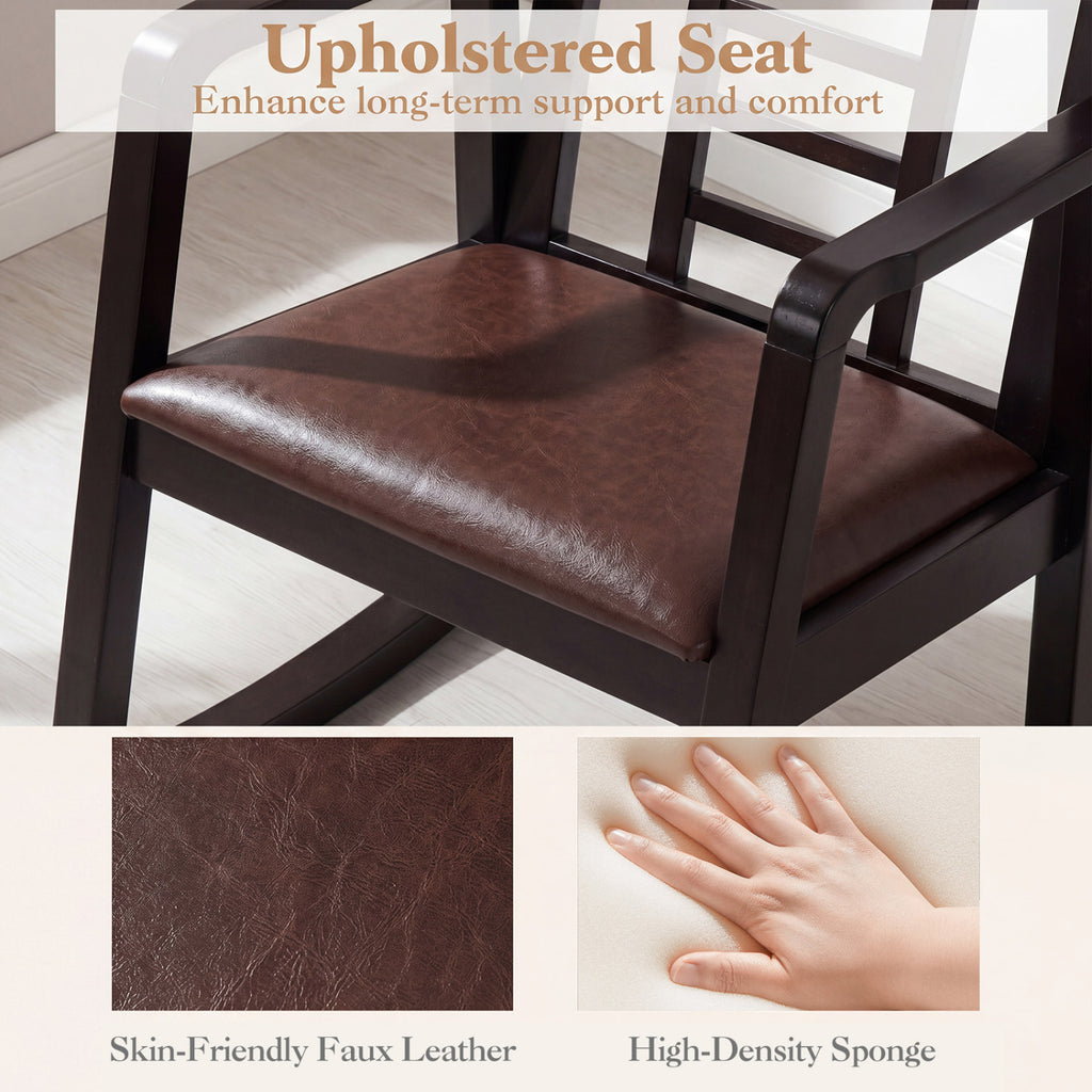 Wooden Rocking Chair with Upholstered Seat and Ladder Back for Living Room-Brown