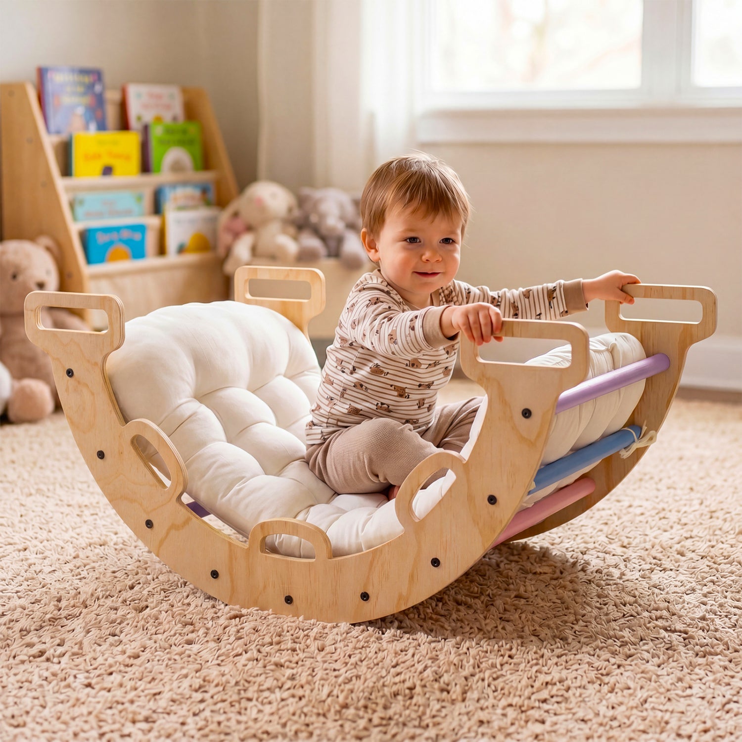 Wooden Rocking Climbing Arch with Cushion 3-in-1 Montessori Kids Climber Rocker-Multicolor