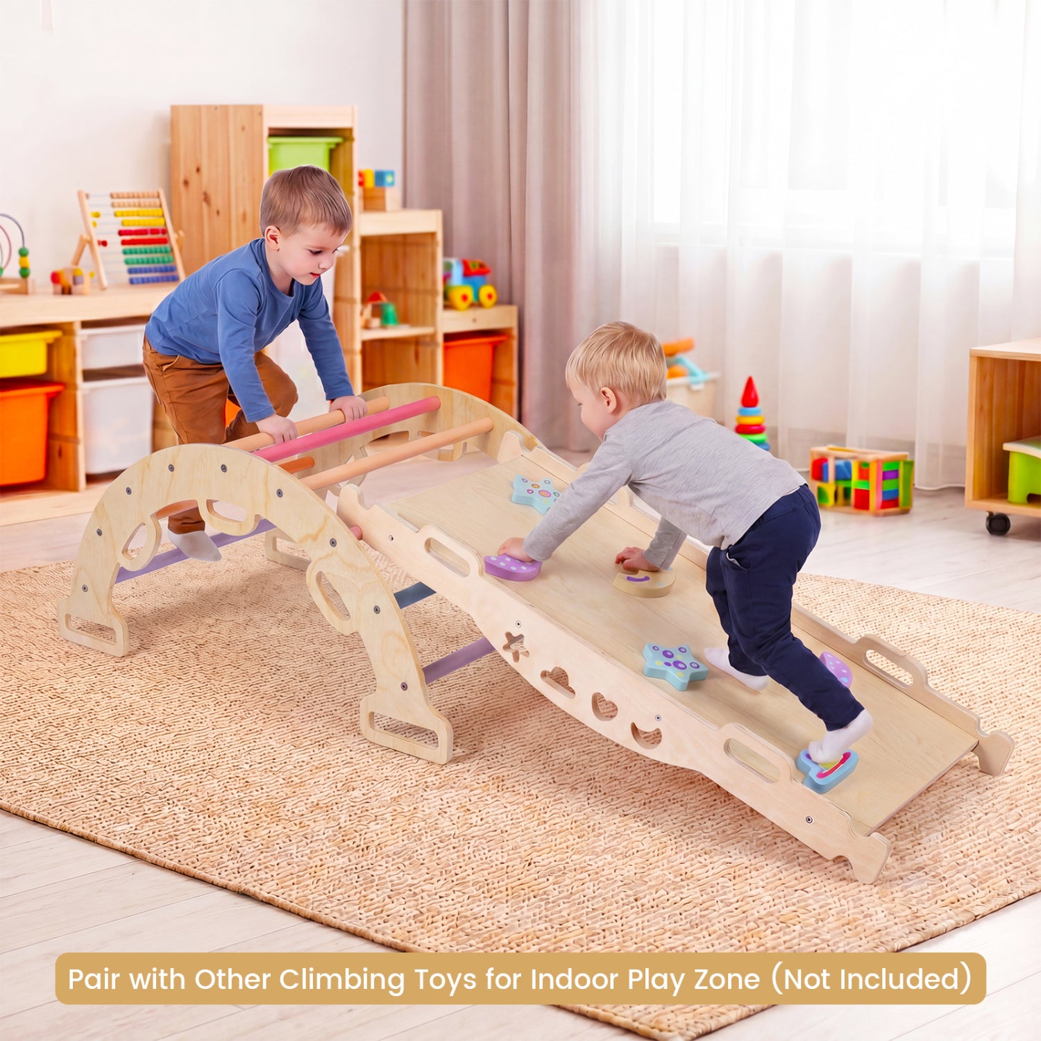 Wooden Rocking Climbing Arch with Cushion 3-in-1 Montessori Kids Climber Rocker-Multicolor