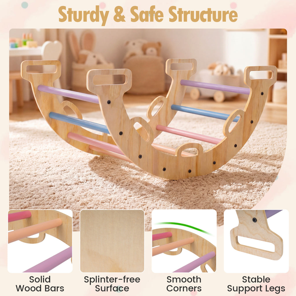 Wooden Rocking Climbing Arch with Cushion 3-in-1 Montessori Kids Climber Rocker-Multicolor