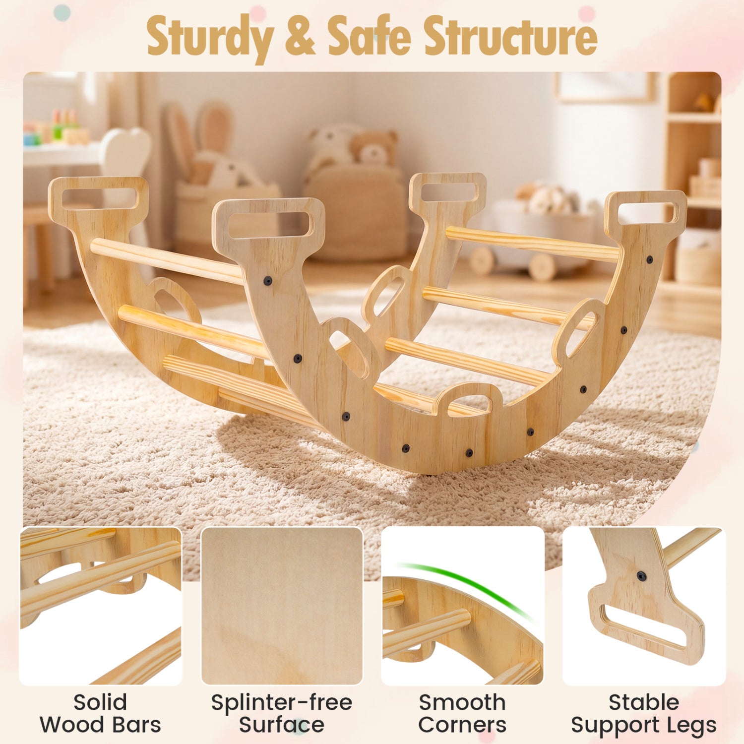 Wooden Rocking Climbing Arch with Cushion Montessori Kids Climber Rocker