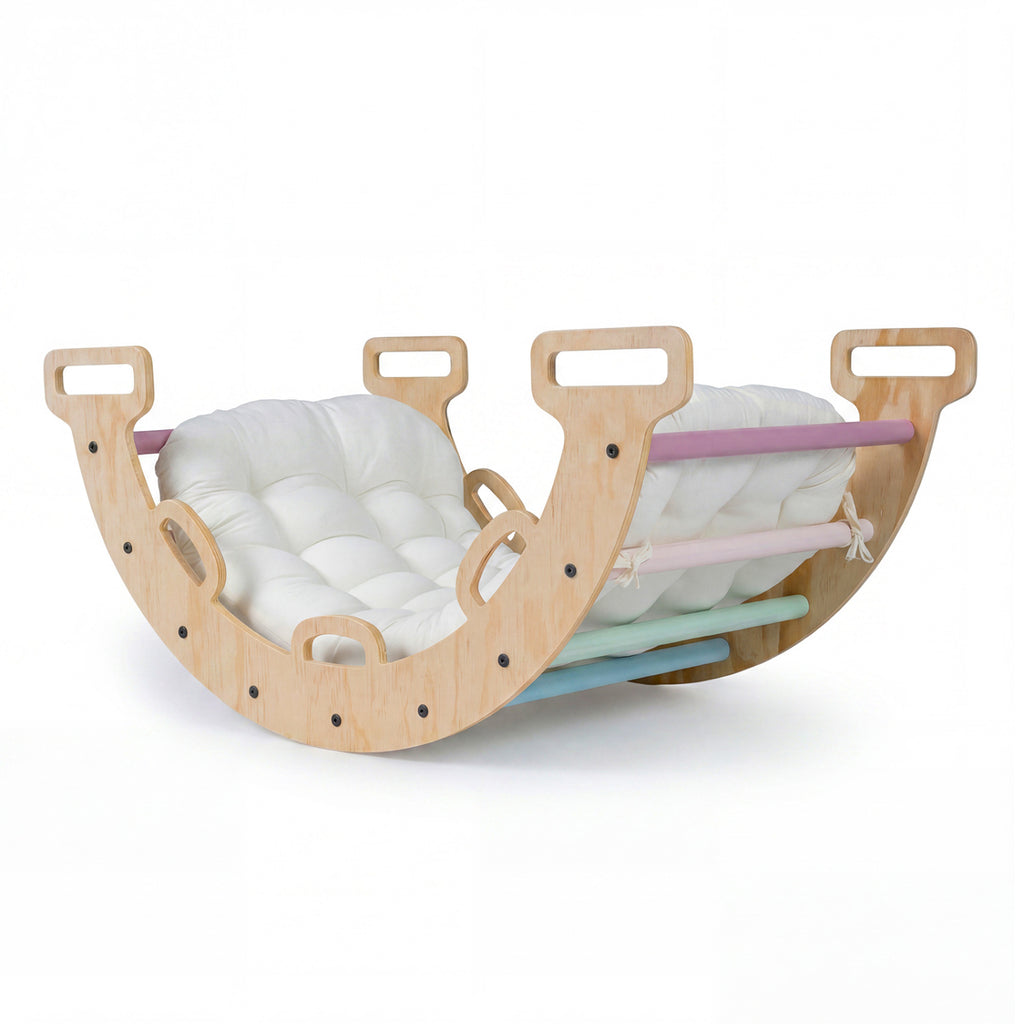 Wooden Rocking Climbing Arch with Cushion 3-in-1 Montessori Kids Climber Rocker-Macaron