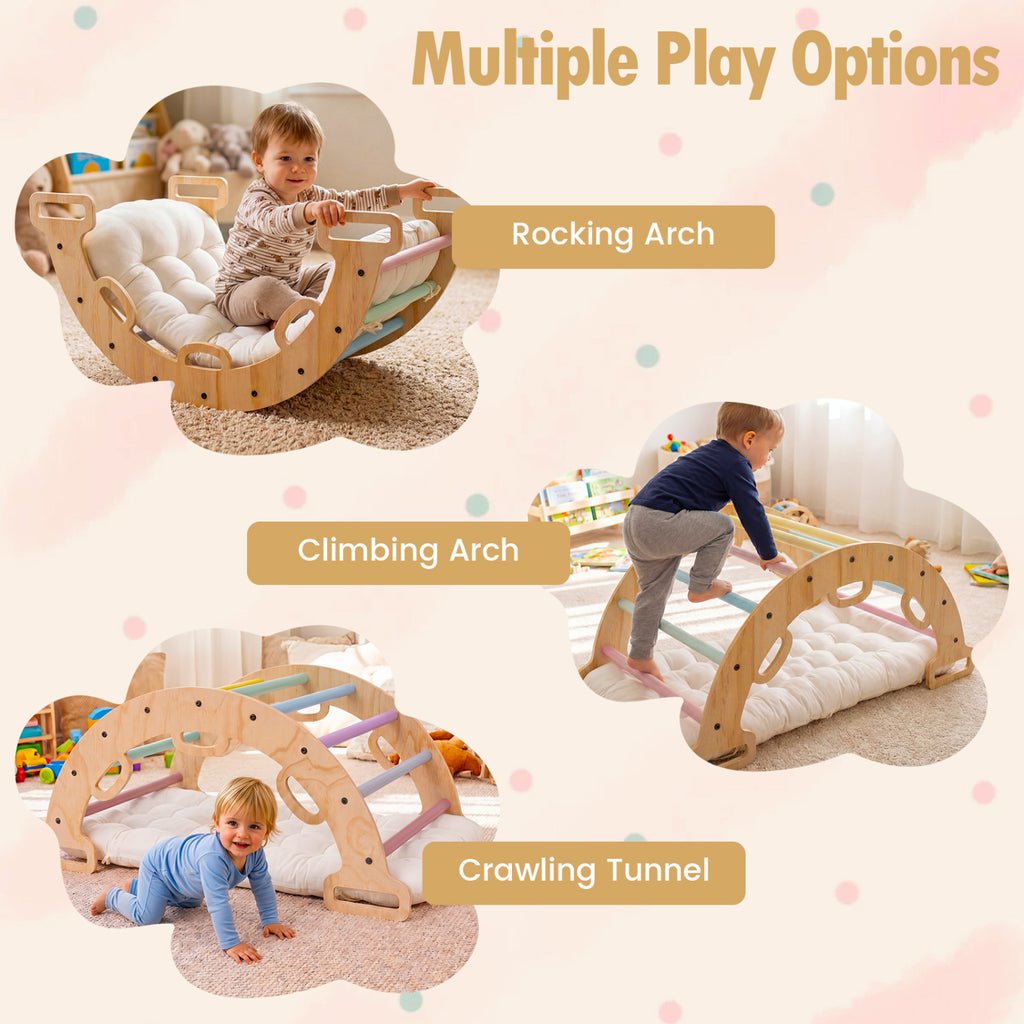 Wooden Rocking Climbing Arch with Cushion 3-in-1 Montessori Kids Climber Rocker-Macaron