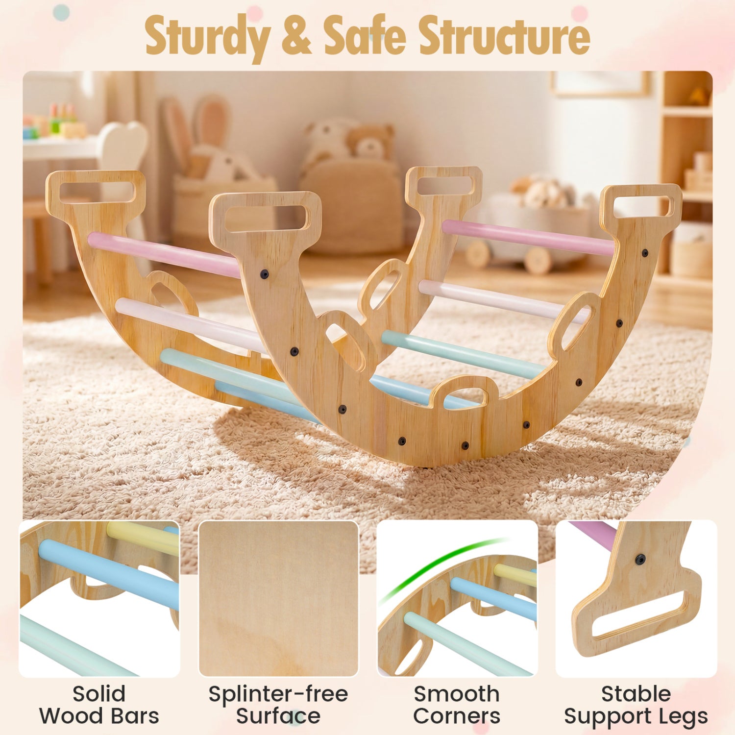 Wooden Rocking Climbing Arch with Cushion 3-in-1 Montessori Kids Climber Rocker-Macaron