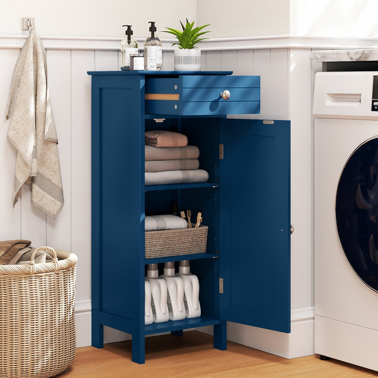 Wooden Storage Free-Standing Floor Cabinet with Drawer and Shelf-Blue